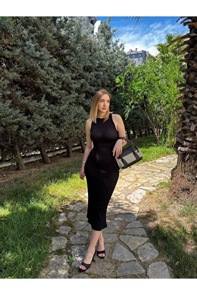 FİOXCO Kadın Esnek Toparlayıcı Goffre Kumaş Bel Drapeli Omuz Düğümlü Midi Boy...