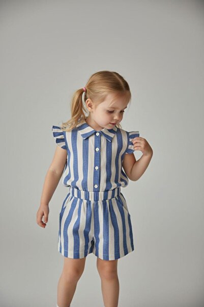 BOBBY JR KİDSWEAR Woven Girls' Set with Stripe Patterned Shorts