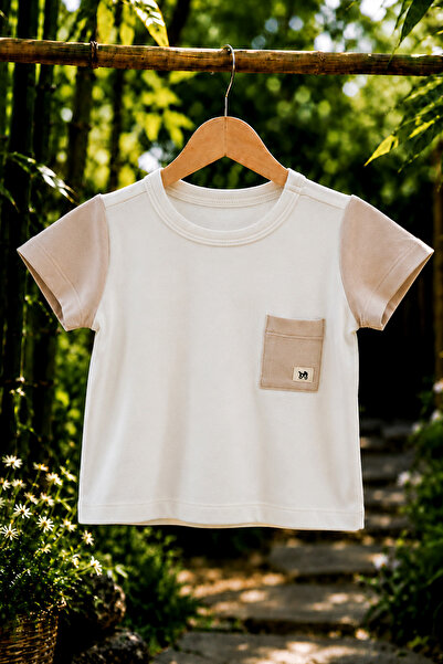 Mimu Baby Bambu Kısa Kollu, Cep ve Yaka Detaylı Bebek Pijama Üstü - Krem/Bej