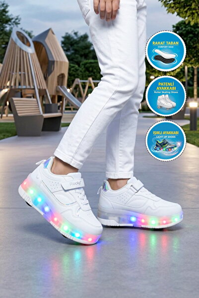 WALKWAY Beyaz Cırtlı Ortopedik Işıklı Unisex Çocuk Patenli Spor Ayakkabı Glow F