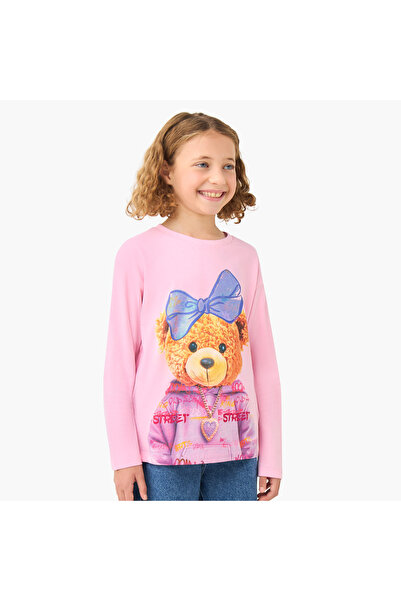 Juniors Girls Crew Neck T-shirt with Bear Print - Cotton - Long Sleeves