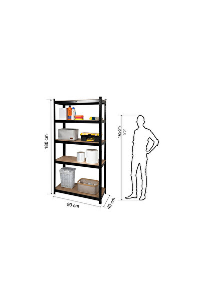 Target Home Ραφιέρα μεταλλική μαύρη με 5 ράφια MDF 90x40x180εκ.