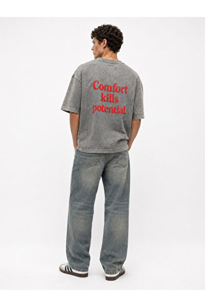 Respire Tricou Oversized Gri cu Efect Spălăcit