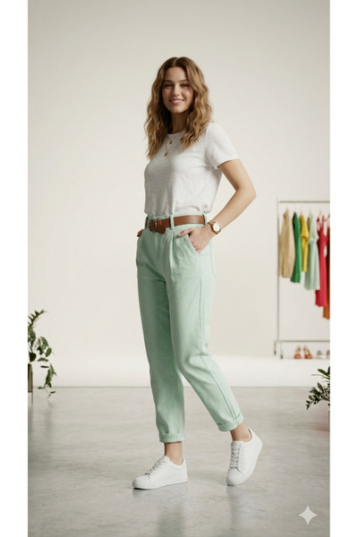 Sublime Butik Pantaloni texturati pentru femei, verde Cagla, cu centura elast...