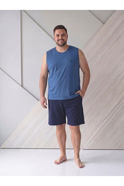 PİJAMUS Erkek Battal Pamuklu Sıfır Kollu Şortlu Pijama Takımı