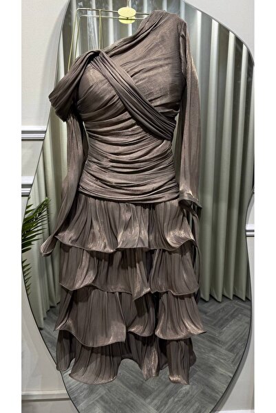 Jood Shiny Crinkle Dress with Layered Ruffles and Bust Detailing
