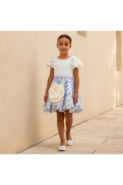 Juniors Round Neck Short Sleeves Balloon Dress and Crossbody Bag with Floral ...