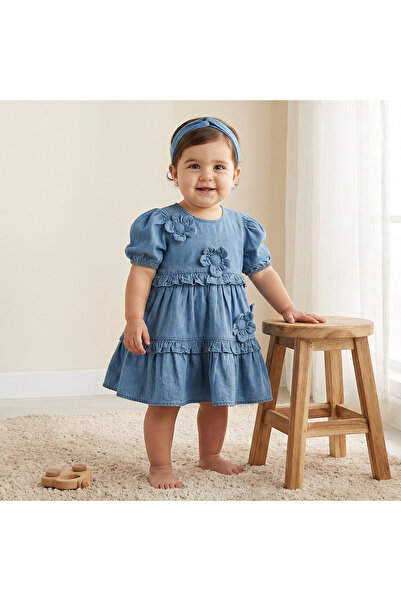 Juniors Round Neck Short Sleeves Tiered Dress with Headband