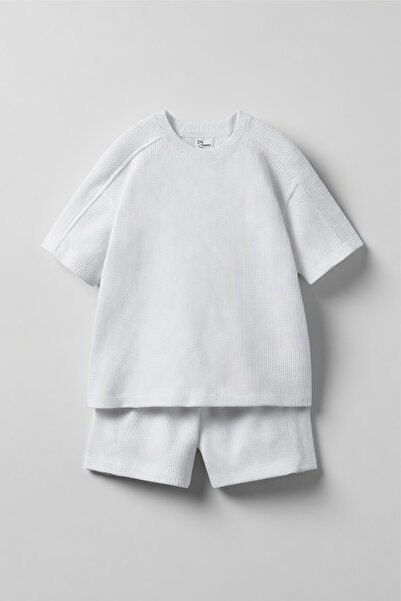 hepbaby Beyaz, Waffle Dokulu Şortlu Çocuk Takım HB23990