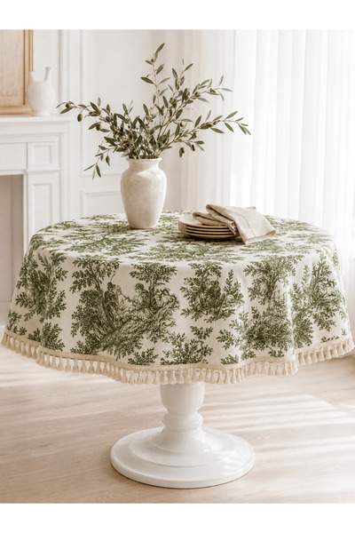 linea natura home Yeşil Yuvarlak Duck Kumaş Fransız Köylü Desenli Püsküllü Ma...