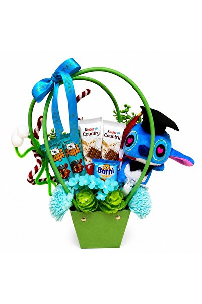 velve Aranjament absolvire baieti Stitch albastru cu toca,flori de sapun si d...