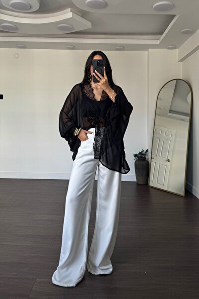 manana fashion Lace Detailed Asymmetrical Cut Chiffon Kimono