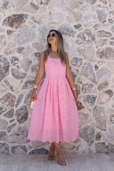 bytugcekaya Şeker Pembe Askılı Pileli Fisto Midi Elbise
