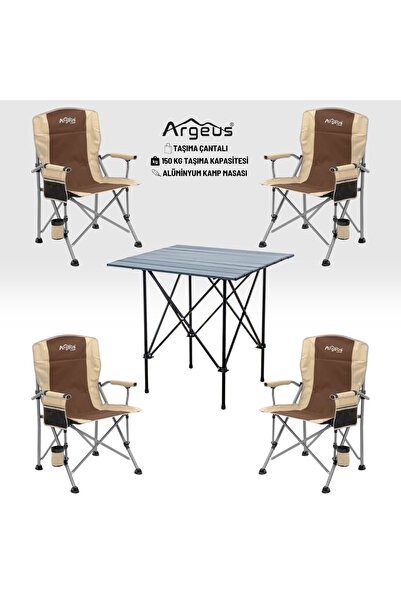 ARGEUS 4 Adet Katlanır Kamp Sandalyesi ve Alüminyum Masa Seti - Rustic Dark -...