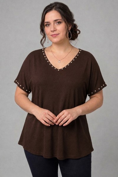 Curvy Trend Plus Size Collar and Cuff Pearl Embellished V-Neck Short Sleeve W...