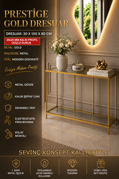 SEVİNÇ KONSEPT GOLD Prestige Dresuar, 6 mm Kalın Güvenilir Şeffaf Camlı, Deko...