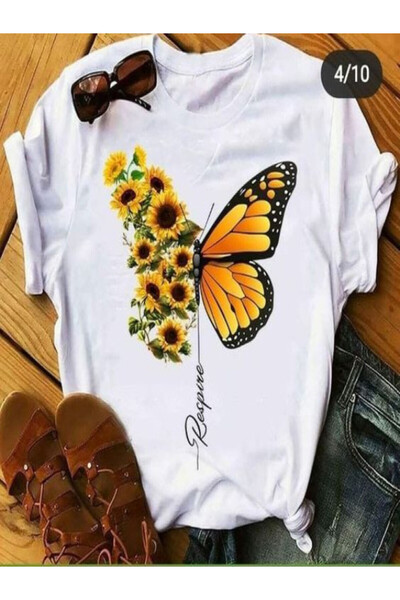 vorena Flower and Butterfly Printed White Oversize T-Shirt