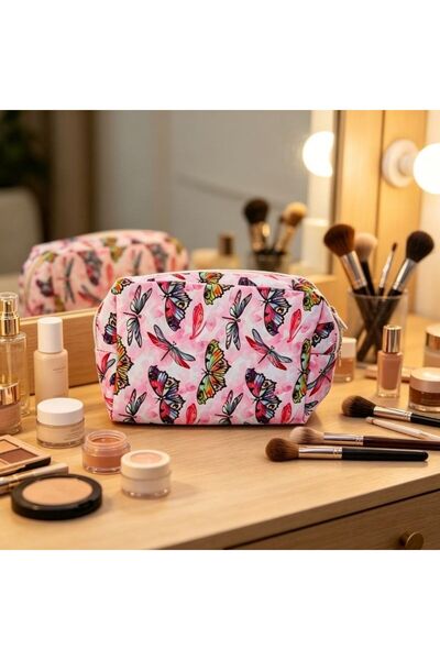 idei Geantă Cosmetică Octogonală Mică PU Roz Pastel cu Imprimeu Fluturi și Li...