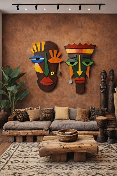 ZESİBA Modern Bohem Renkli İkili Soyut Maske 80x80 cm Duvar Dekoru Kral Krali...