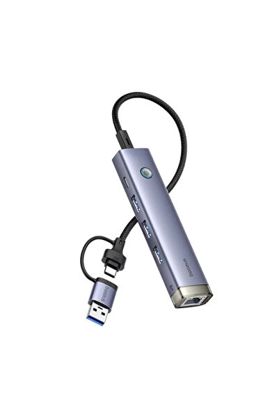 Baseus Hub USB UltraJoy 4-în-1, 3x USB-A, USB-C, Gigabit Ethernet, Gri