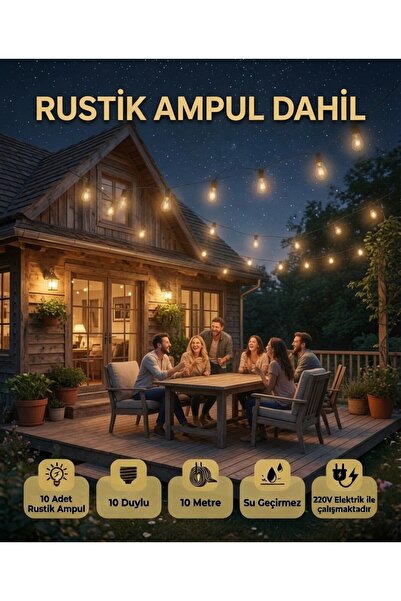 AC AYDINLATMA 10 Metre 10 Duylu Dış Mekan Aydınlatma Seti – Rustik Ampul Dahi...