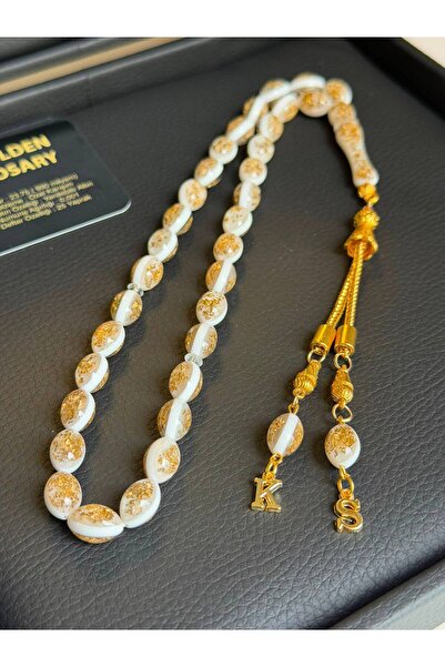 Kehribarstore Altın Parçacıklı Tesbih, Premium Kutu Ve Özel Harf Eklemeli, Erkek, Hediye, Kutuyaisim