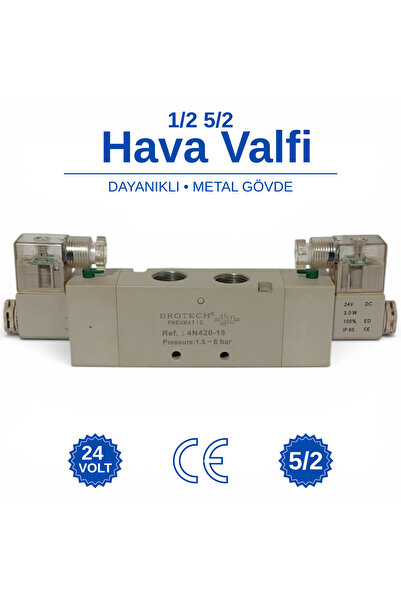 BROTECH 24V DC 1/2 - 5/2 Çift Bobinli Pnömatik Solenoid Valf 1/2" - Çift Konu...