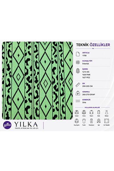 Mint Yeşili Etnik Desenli Interlok Kumaş Leopar Motifli Sweatshirt Hırka Kumaşı