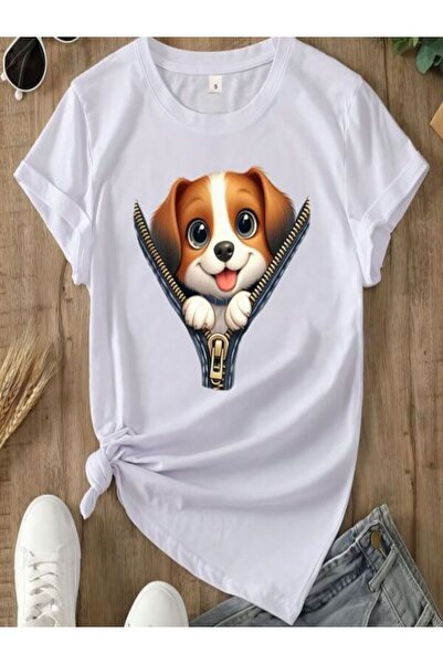 COZYWEAR تي شيرت أبيض كبير الحجم مطبوع عليه كلب لطيف