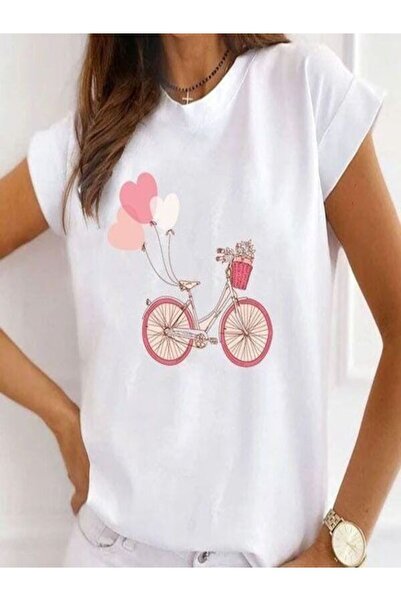 COZYWEAR White T-Shirt with Heart Balloon and Bicycle Print
