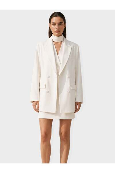 RİVUS Core Double-Breasted Stylish Jacket with Cut Pocket Detail - White