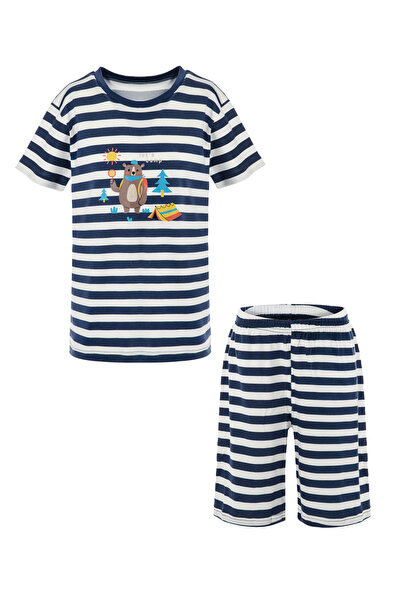 koza iç giyim Erkek Çocuk Pamuklu Çizgili Baskılı Kısa Kollu Şortlu Pijama Takımı