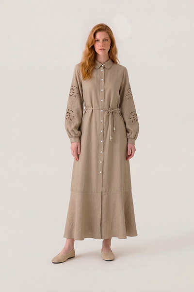 Zühre Shirt Collar Belted Patterned Beige Dress 0560
