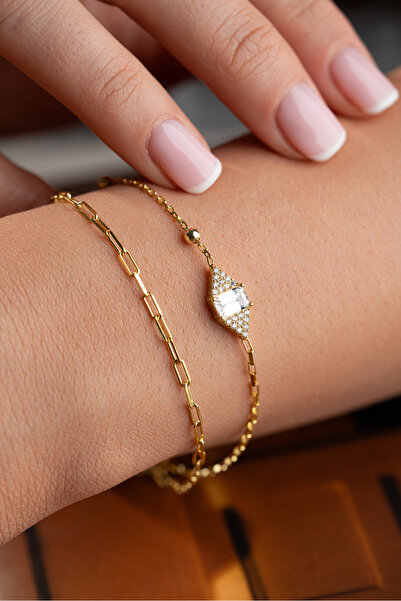 beonejewelry 925 Ayar Gümüş Baget Taşlı Mekik Çiftli Bileklik