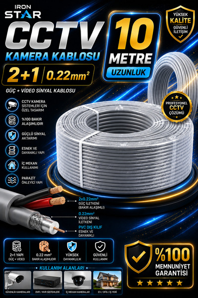 IRONSTAR CCTV kamera kablosu 2+1 0.22 10 metre / 2+1 kamera kablosu 10 metre ...