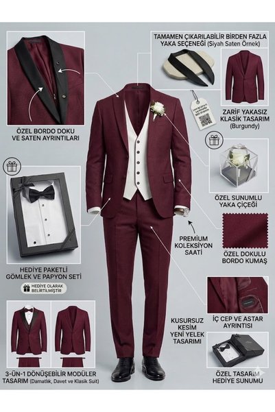 Ars Magic Box ARS ERKEK SLİM FİT İTALYAN KESİM LUXURY YELEKLİ KOMBİN SMOKİN DAMATLIK TAKIM ELBİSESİ(HEDİYELERİYLE)