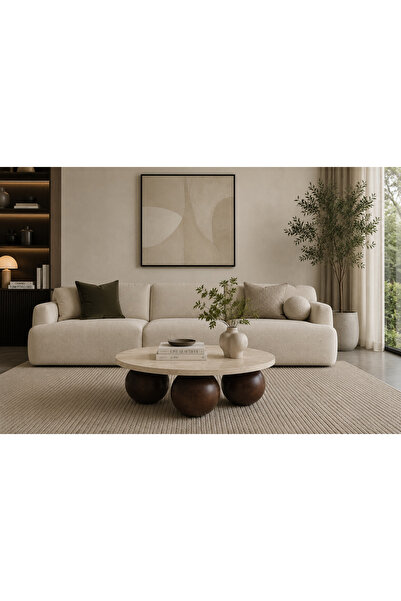 Trihome Modern Traverten Kaplamalı Orta Sehpa 100 cm Masif Top Ayaklı Ceviz Renk