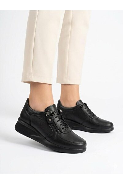Lütfi Women's Black Genuine Leather Orthopedic Sole Elastic Casual Shoes