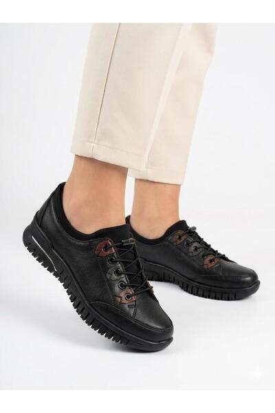 Lütfi Women's Black Genuine Leather Orthopedic Sole Elastic Casual Shoes