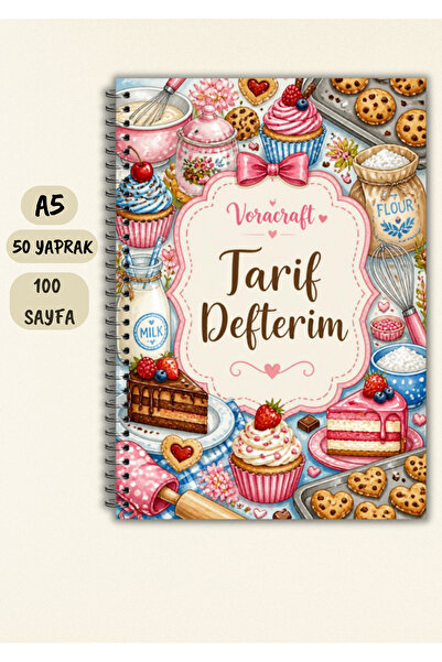 VORACRAFT Yemek Tarif Defteri, 50 Yaprak /100 Sayfa, A5 / Tel Spiral TRF0013
