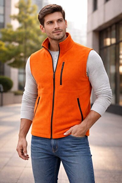 DSNM TURUNCU POLAR YELEK 3 CEPLİ TAM FERMUARLI SLİM FİT ANTİ PİLLİNG TÜYLENME YAPMAZ HAVA GEÇİRMEZ SOFT SHEL POLAR YELEK