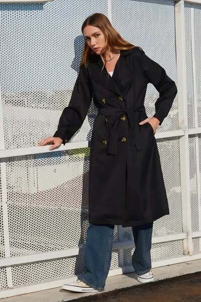 Generic Brand Women's Double-Breasted Collared Black Trench Coat with Belt