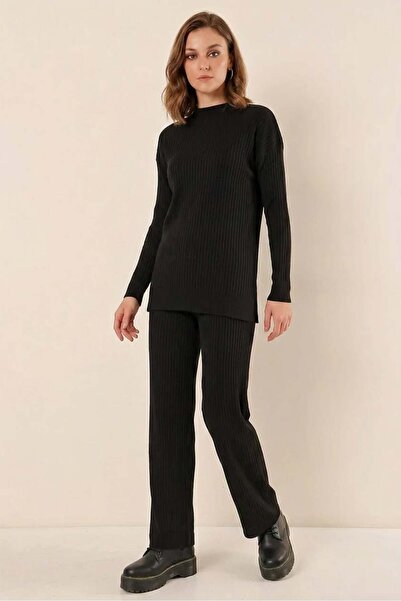 ALFA AKSESUAR 03 Women's Round Neck Ribbed Black Two-Piece Set