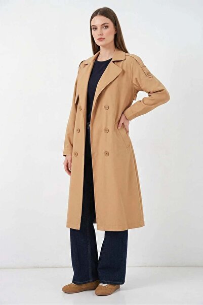 ALFA AKSESUAR 03 Women's Double Breasted Collar Tan Trench Coat