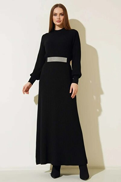 ALFA AKSESUAR 03 Women's High Collar Belted Knitwear Black Hijab Dress