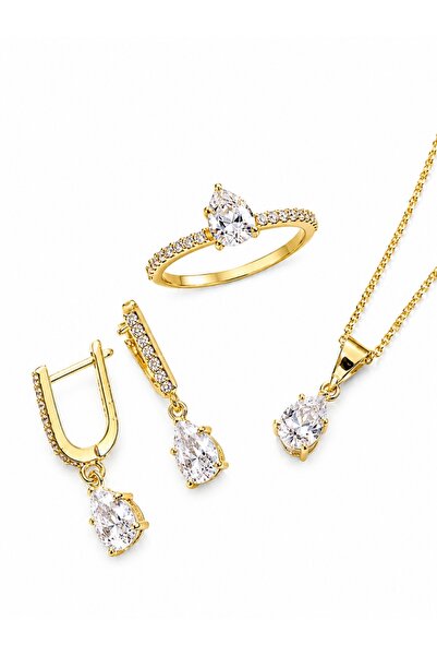 byess 925 Ayar Damla Taşlı Kolye Küpe Yüzük Gümüş Set
