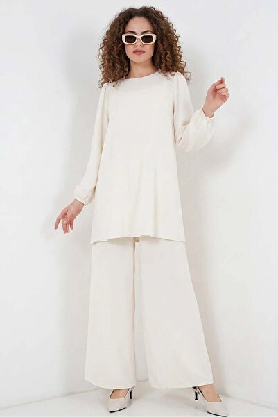 ALFA AKSESUAR 03 Women's Round Neck High Waist Long Sleeve Ecru Suit