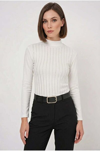 ALFA AKSESUAR 03 Women's Turtleneck White Bodysuit with Stones and Vertical S...