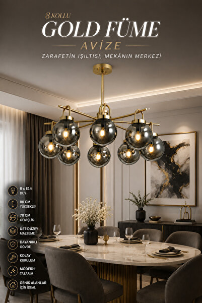 Elvora Home Modern (PREMİUM) Gold Füme Cam Avize Lüks Salon, Oturma Odası ve ...