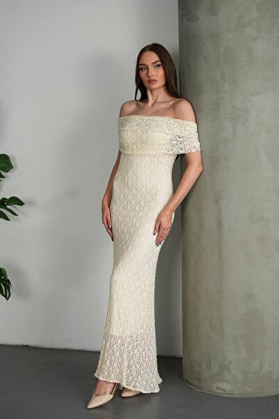 maf collection Kadın Krem Straplez Yaka Dantel Detay Maxi Boy Abiye Elbise